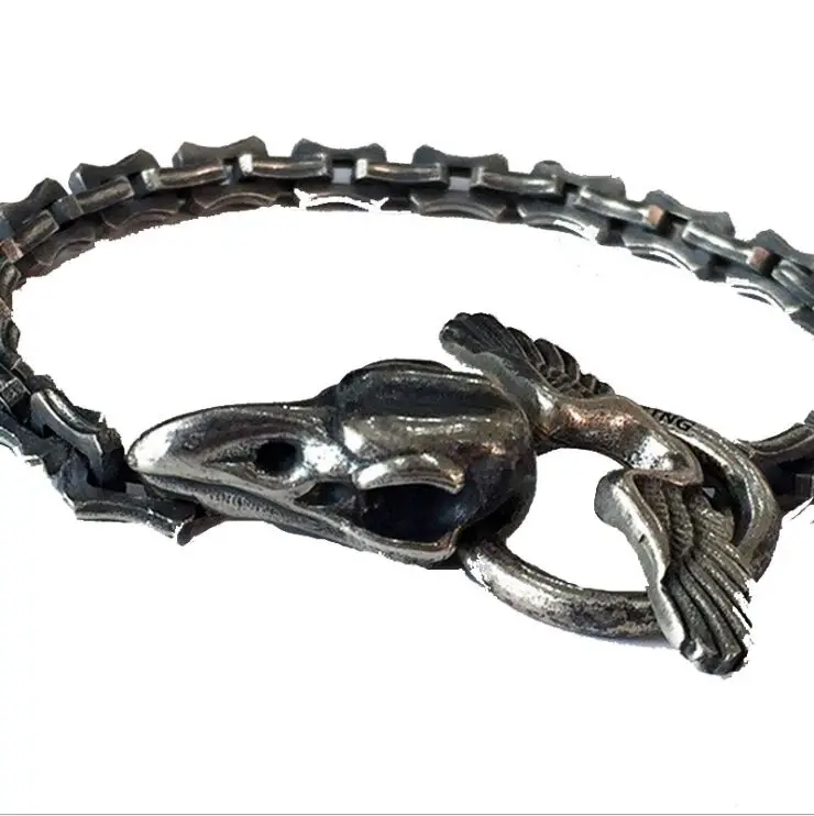 Настоящий 925 цельный серебряный браслет Yamamoto Серебряный Мужской череп ворона браслет ручной работы 5,5 мм старинная угловая цепочка
