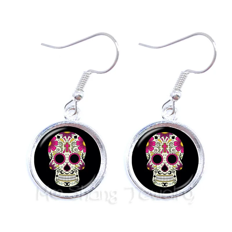 

Pinkycolor Skeleton Glass Dome Time Gem Earrings For Women Hot Sale Personalized Jewelry Day of the Dead Gifts
