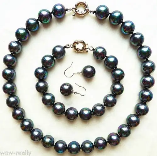 

free shipping ddh001165 Pretty 14mm Black Round South Sea Shell Pearl Necklace Bracelet Earring A Set