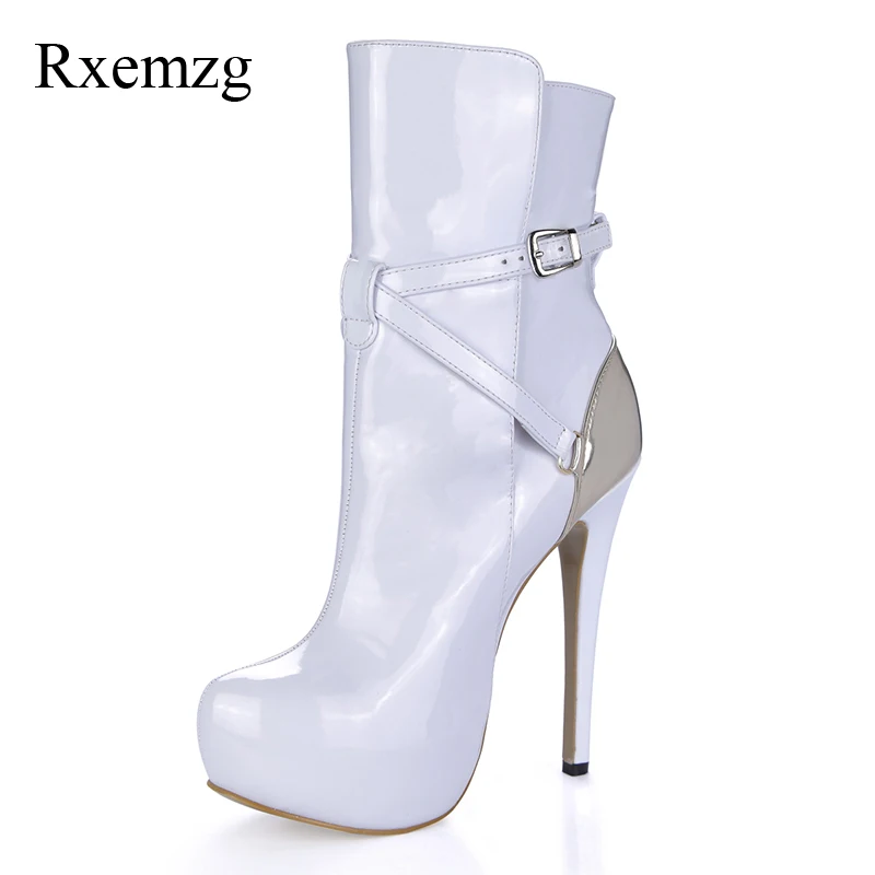 

Rxemzg new fashion women winter boots super high thin heels ankle boots buckle motorcycle boots round toe 14cm sexy party shoes