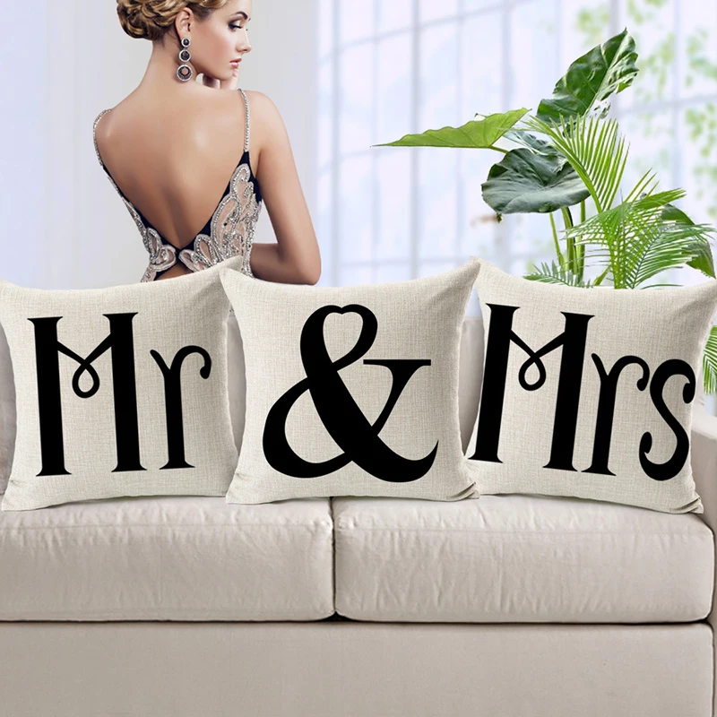 Couples Cotton Linen Mr & Mrs Knitted Cushion Cover Decorative Pillow