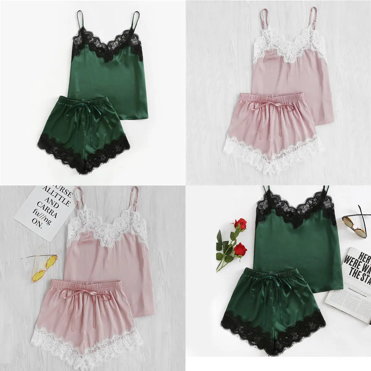 Summer 2019 Fashion Lace Solid Satin Sexy Lingerie Camisole Short Set Sleeveless V-Neck Pajamas Set For Women Summer 2019 Fashion Lace Solid Satin Sexy Lingerie Camisole Short Set Sleeveless V-Neck Pajamas Set For Women
