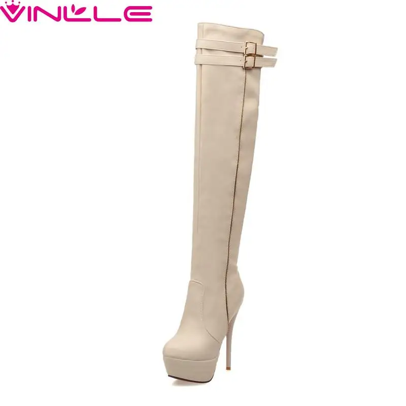 

VINLLE Women Boots Super High Thin Heels Slip On Over The Knee Boots Round Toe Solid Short Plush Winter Shoes Size 34-43
