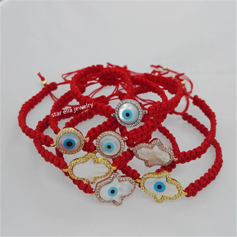 

1pc Micro Paved AAA Cubic Zirconia Stone Handknitted Round Evil Eye Fatima Hand/Hamsa Red Rope Macrame Charm Bracelet for Gift