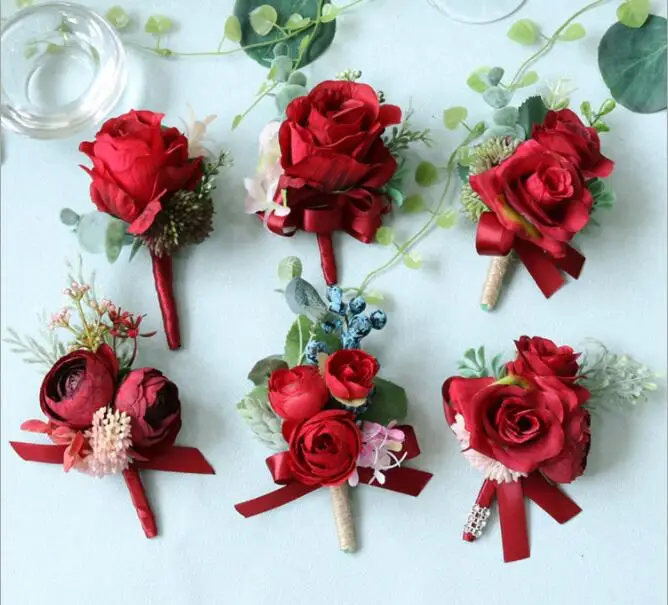 

Wedding flowers Maroon Boutonnieres for Groom Bridesmaid hand flower