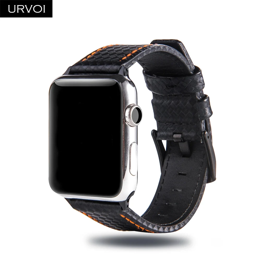 Ремешок URVOI для apple watch series 5 4 3 2 1 кожаный ремешок для iwatch 40 44 мм из нержавеющей стали с черной пряжкой из углеродного волокна