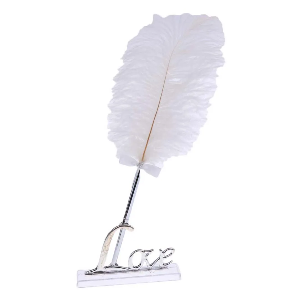 Wedding White Feather Quill Guest Book Signing Pen with Golden Love Holder