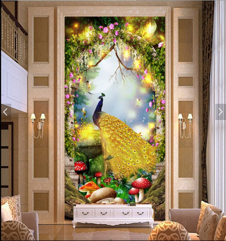 

custom mural 3d photo wallpaper Fairy tale golden peacock porch home decor 3d wall murals wallpaper in the living room