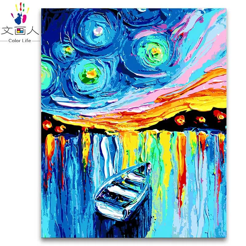 

diy abstract impression digital oil painting coloring by numbers handmade with Acrylic paint package seascape under the starry