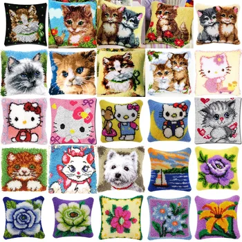 

th CATS DIY Needlework Kit Acrylic Yarn Embroidery Pillow latch hook Cushion Front Cross Stitch Pillowcase
