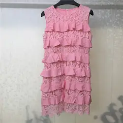 Розовое платье для женщин без рукавов с круглым вырезом элегантное платье для леди с оборками 2018 новое мини женское платье