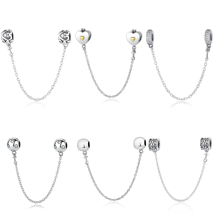 

Authentic 925 Sterling Silver Thread Bead Charm Vintage Stripe Love Heart Safety Chain Beads Fits Pandora Bracelet Women Jewelry