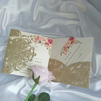 

Chamapgen Glitter Laser Cut Trifold Pocket Wedding Invitations with RSVP Card, Invites for Quinceanera Sweet 15th Birthday