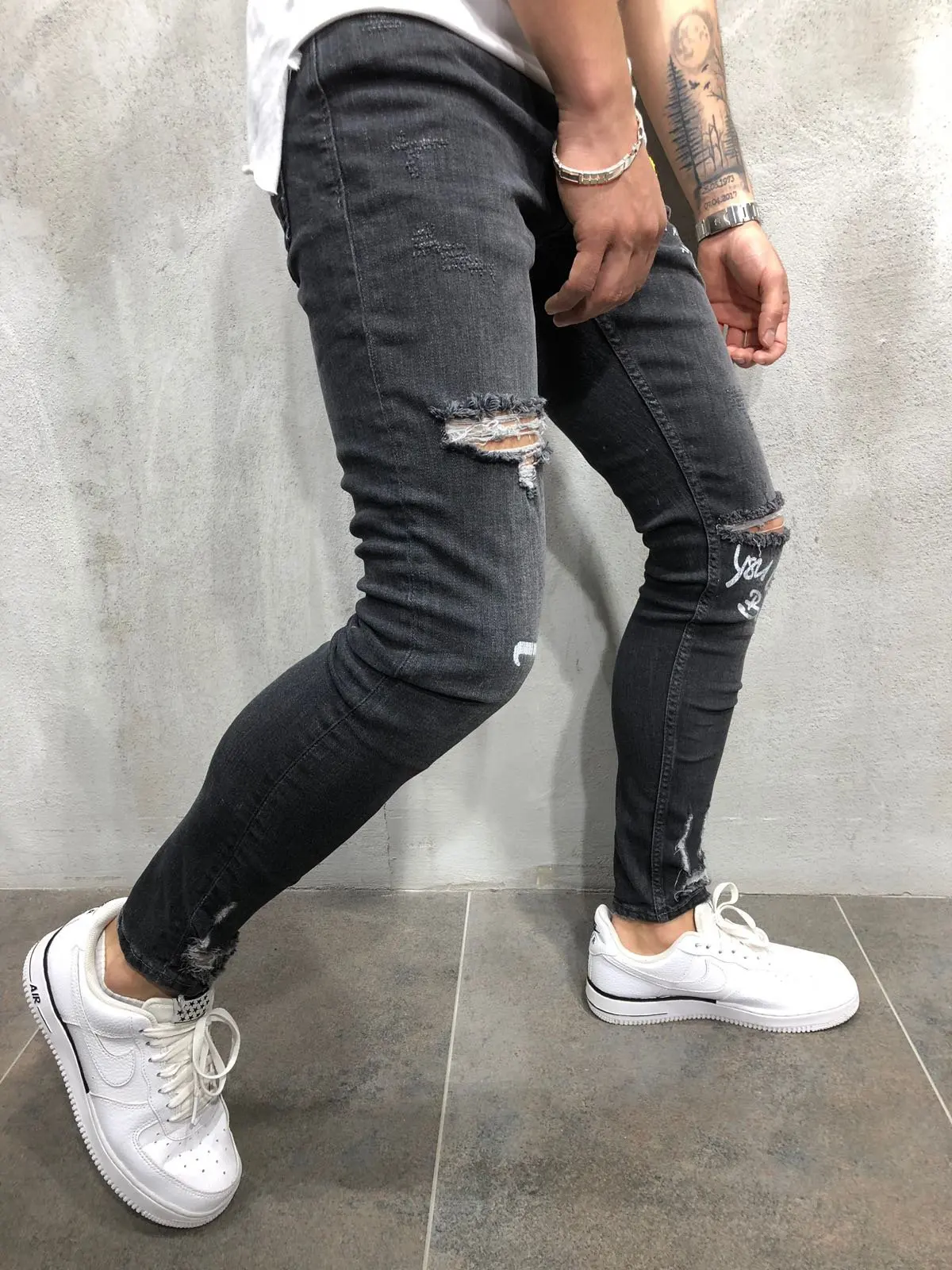 Men's New Stretchy Ripped Skinny Jeans Destroyed Denim Pants Mens Casual Elastic Waist Pencil Pants