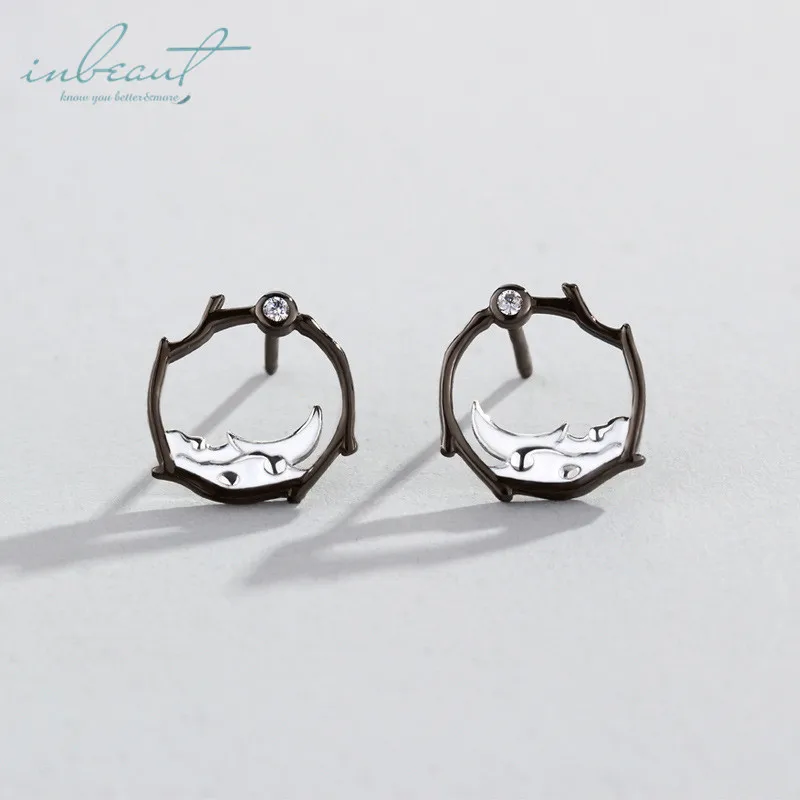 

inbeaut Silver Black Branch on the Moon Artistic Stud Earrings 925 Enamel Round Tree Literary Earrings for Teen Girls Jewelry