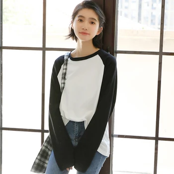 

2019 New Korean Preppy Style Hit Color Patchwork Long Sleeve T-shirt Women Casual Loose Autumn Tee Shirts