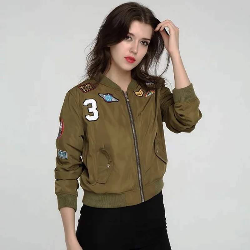 Buy Women Casual Appliques badge Bomber Jackets Hip