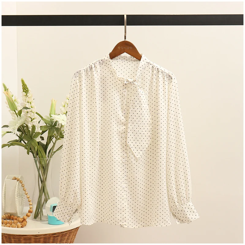 

2W Fashion Polka Dot Shirt 2019 Summer Korea Small Fresh Bow Shirt Blouse Ladies Top wxm3e cherry