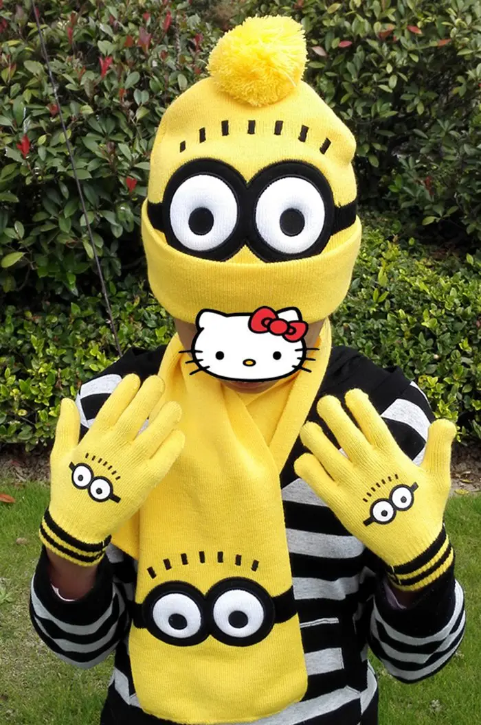 

3pcs/set Brand new Hot Sale high-quality Children Winter Cartoon minions knitted hat+gloves+scarf Children creative gift