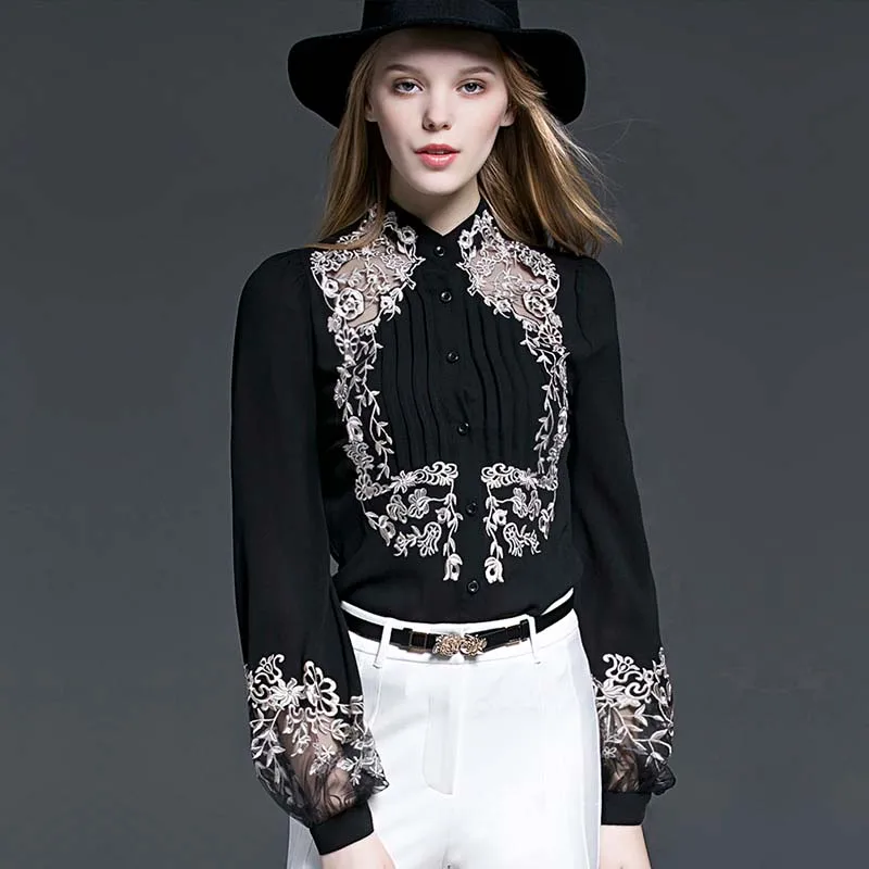 

High-end Autumn Black Embroidery Cotton Shirt Women Blouses Blouse Femme Ete 2018 Casual Loose White Tops Camisas Mujer