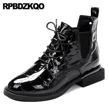 

Booties Women Genuine Leather Flat Fur Luxury Black Round Toe Shoes Patent Winter Fall Front Lace Up Casual Ankle Boots Autumn