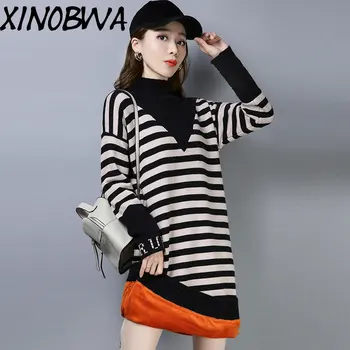 

Women Winter High Street Fashion Patchwork Turtleneck Long Sleeve Thick Warm Fleece Knitted Dress Ladies Striped Sweater Dresses