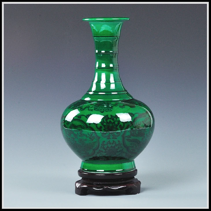 

Antique Chinese jade green color glazed porcelain flower vases with qing qianlong year mark