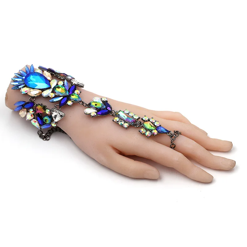 Сексуальный браслет на палец с кристаллами в богемном стиле, цыганский женский браслет, браслеты, синий, белый, черный, желтый, массивные модные ювелирные изделия - Окраска металла: Blue Bracelet