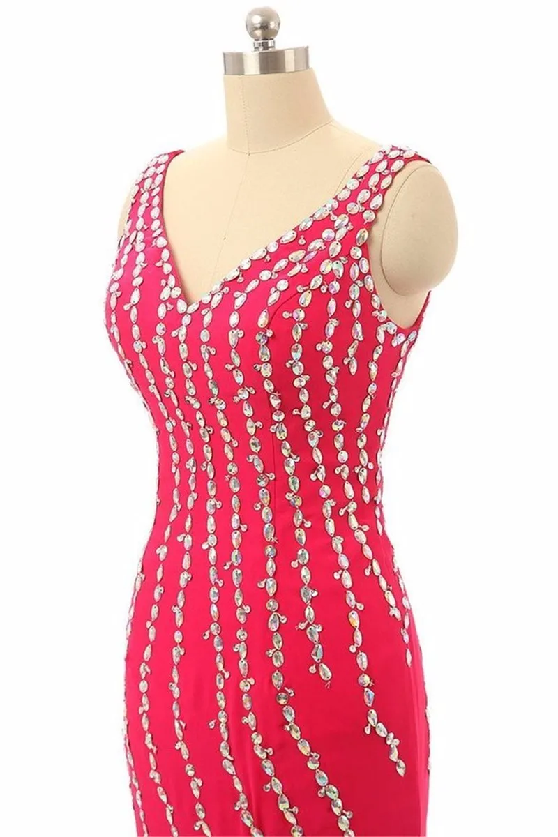 Элегантные ярко-розовые вечерние платья русалки с кристаллами V шеи длинные шифоновые дешевые платья для вечеринок WL82