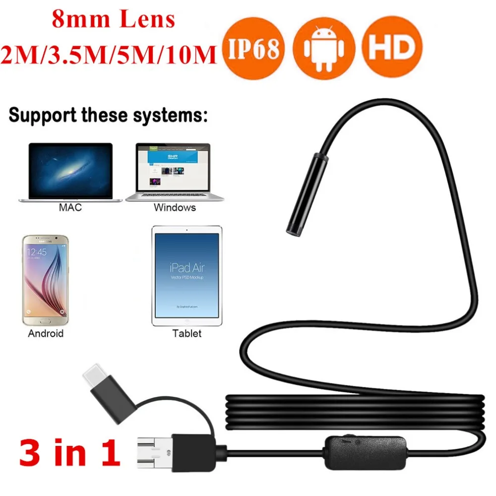 Эндоскоп 3 в 1 8 мм Micro USB Type c 2/3 5/5/10 м 1200P HD|Бороскопы| |
