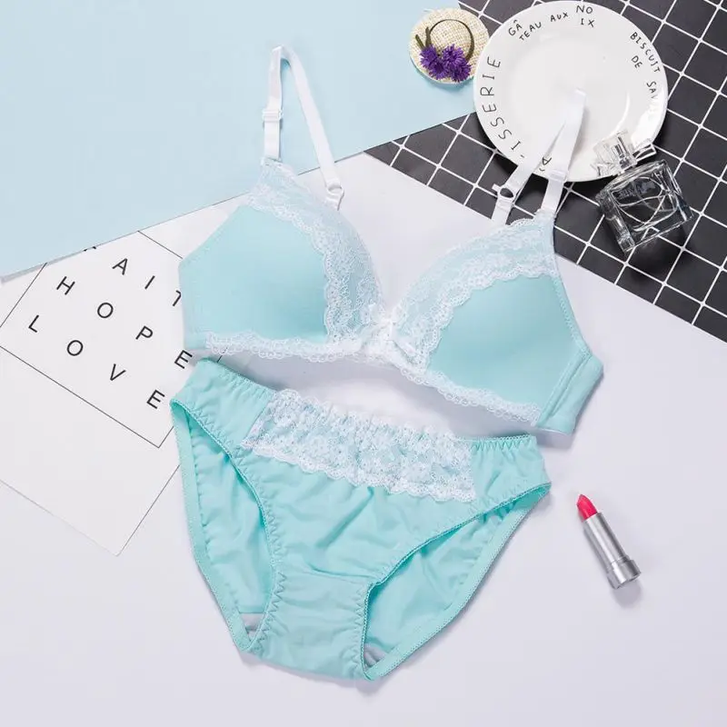 Sexy Women Back Closure Padded Bra Sets B Cup Lace Gauze Patchwork Wireless Bras+Paties Suits Multi-Color - Цвет: AS The Pictures