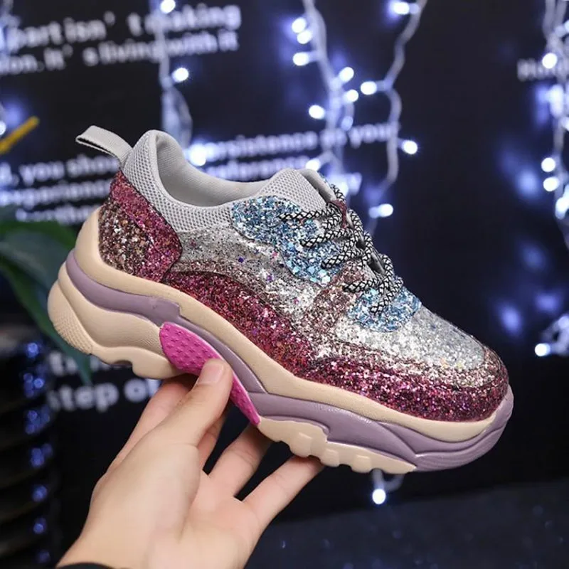 

Bling Sequins Fashion Chunky Sneakers Women Flats Platform Pink Shoes Rhinestone Bling Casual Women's Shoes Zapato De Mujer