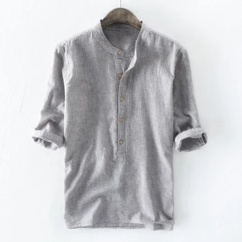 

Dropping Brand Quality Male Shirts Casual Half Sleeve Cotton Linen Shirt Men Fashion Solid Henry Collar Shirt Men US Size S-5XL
