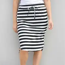 Летняя Новинка, высокая талия, полосатая Женская эластичная юбка, юбка на шнуровке, завышенная талия, длина до колен, черно-белые полосатые юбки-трубы