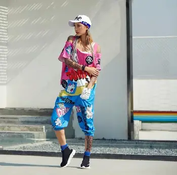 

2019 New Summer Sexy Off The Shoulder Strap Women Jumpsuits Graffiti Letter Cartoon Hip Hop Dance Pants Rompers Streetwear