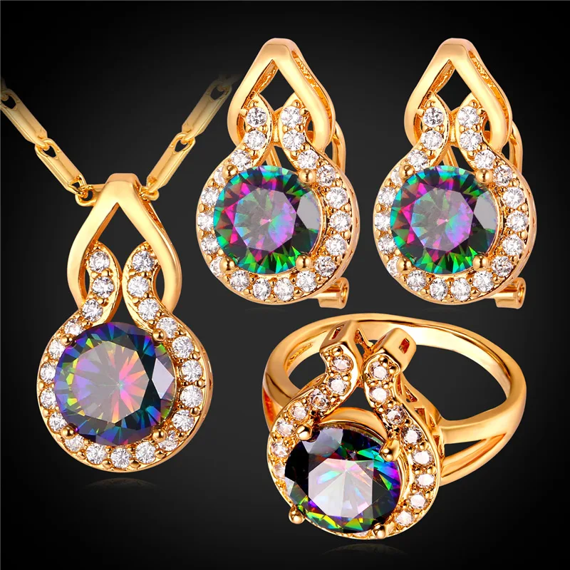 Mystic Topaz Zirconia Earrings Ring Pendant Necklace Set Platinum/Gold Plated Wedding Bridal Jewelry Set For Women PER1790