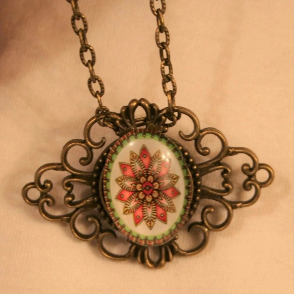 Looped Rim Brasstone Pink & Green Flower Starburst Necklace Brooch