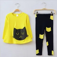 2016new fashion spring autumn gril baby clothes cotton cuteprint carton cat 2pcs long sleeve t-shirt+long leggings set kids suit