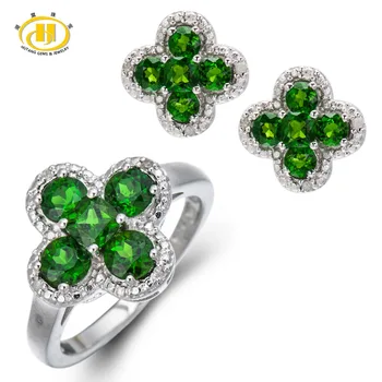 

Hutang Stone Jewelry Natural Chrome Diopside White Diamond Solid 925 Sterling Silver Jewelry Sets Flower Ring Earrings Fine Gift