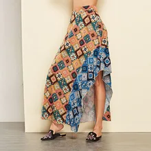 Сладкий уличная Стиль геометрическим принтом Тюлевая юбка рюшами нерегулярные юбка высокое Elasic талии длиной макси свободные юбки