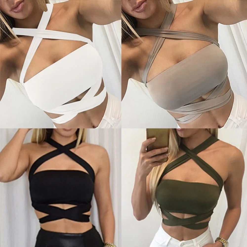 

2019 Women Sexy Vest Crop Top Clothes Cross strap Suspenders Backless Bandage Sexy Halter Camisole Tight Singlet Hot