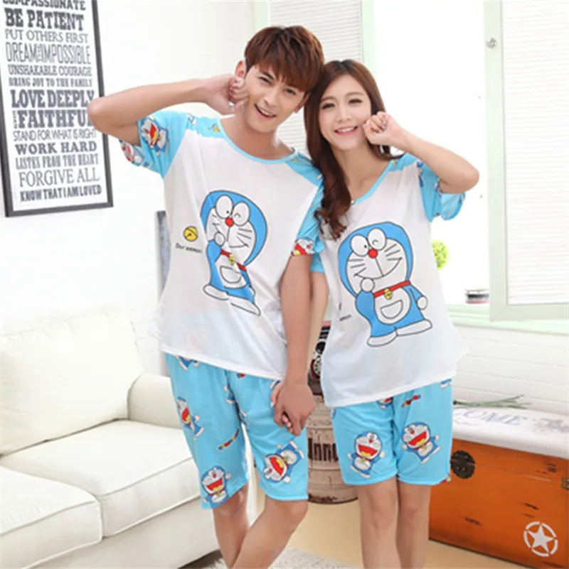 Foply, новые летние пижамы с рисунком дораэмона для влюбленных женщин и мужчин, с короткими рукавами, 2 предмета, пижамные комплекты, молочный шелк, повседневная одежда, одежда для сна - Цвет: dingdangmao men