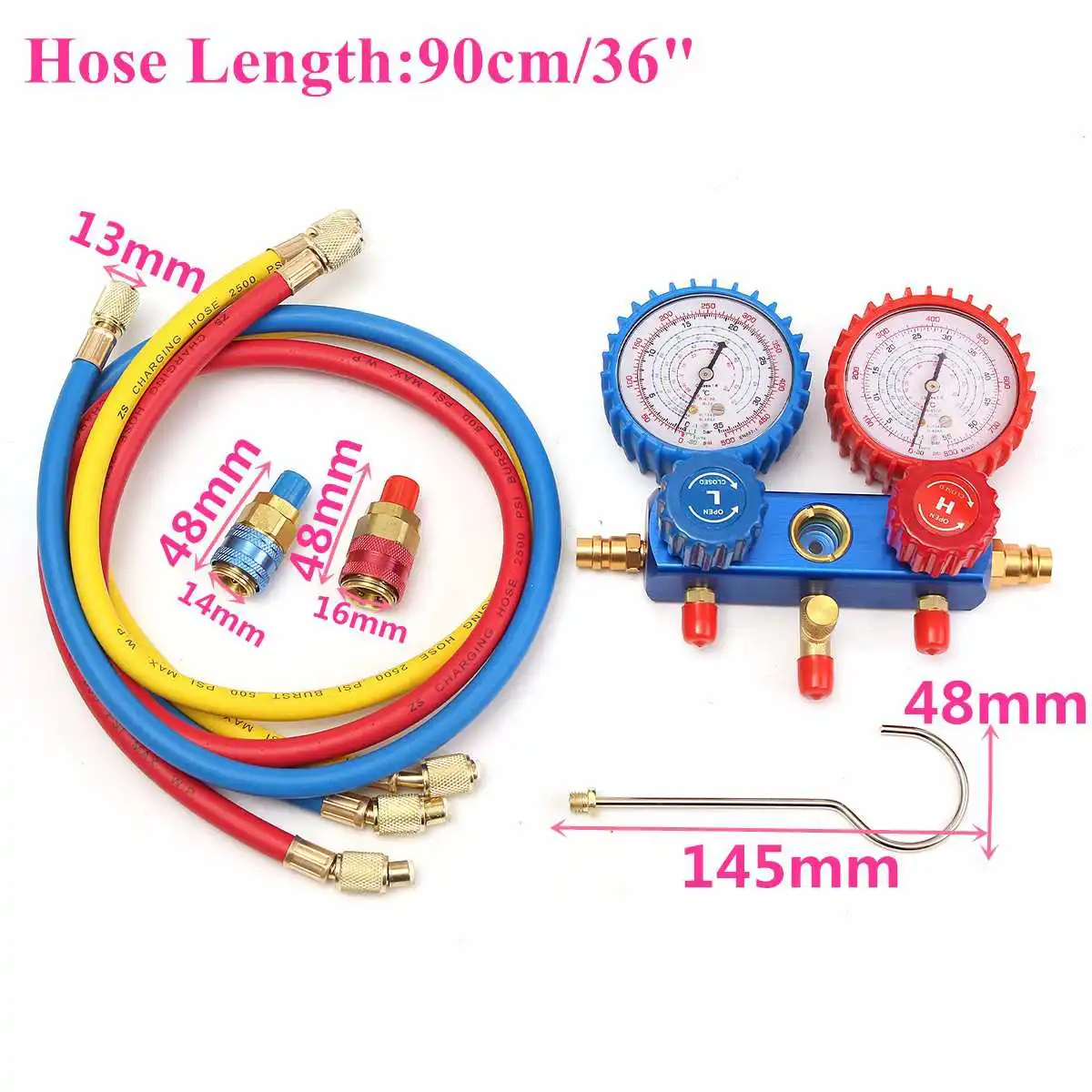 Автомобильный манометр, набор A/C R134A хладагента, зарядный шланг с 2 быстроразъемными муфтами Для R134A, кондиционер, холодильное оборудование