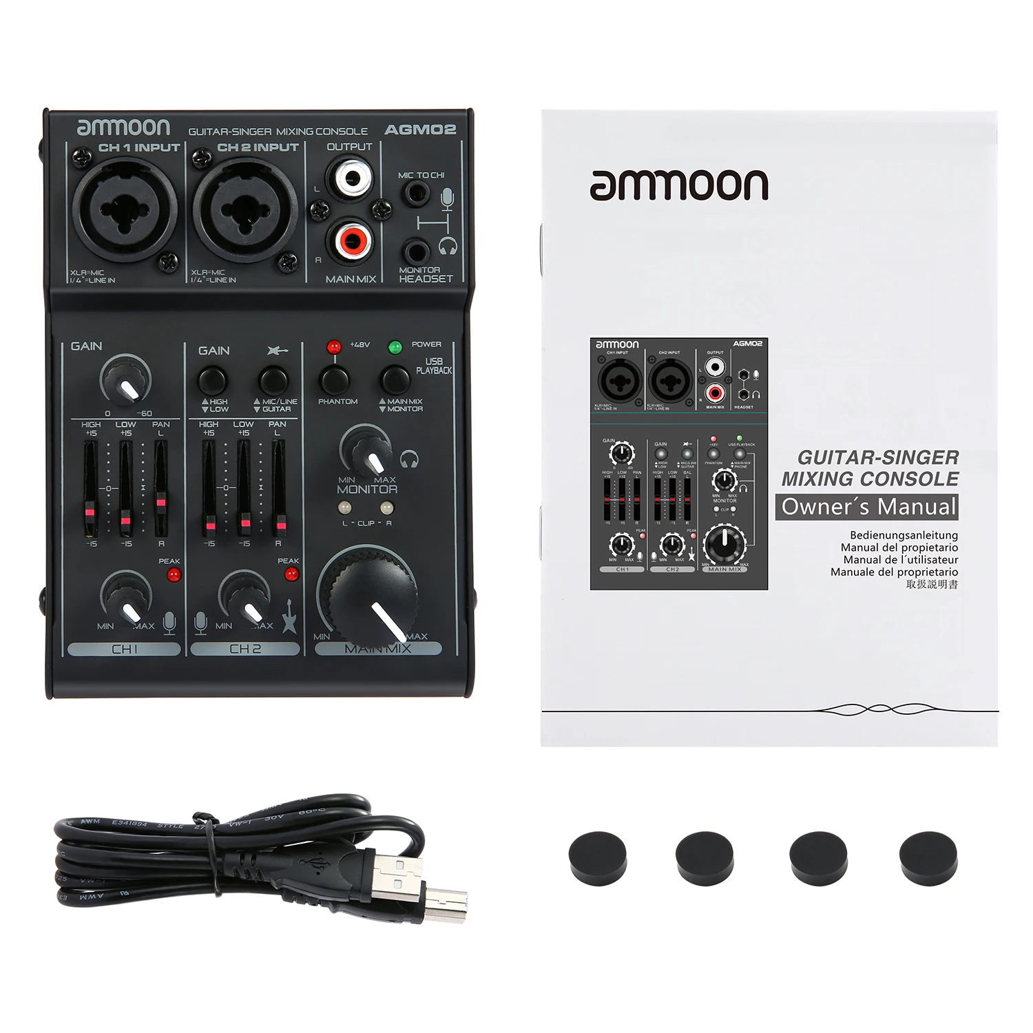 Ammoon AGM02 2-х канальный микшерный пульт Цифровой аудио микшер звуковая карта 2-полосный эквалайзер встроенный 48V Phantom Мощность 5В USB для живых