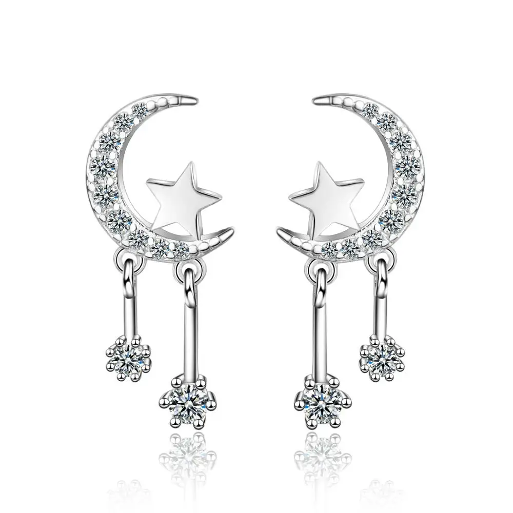 

100% 925 Sterling Silver Fashion Moon Star Shine Cubic Zirconia Ladies Stud Earrings Wholesale Jewelry Women Gift No Fade