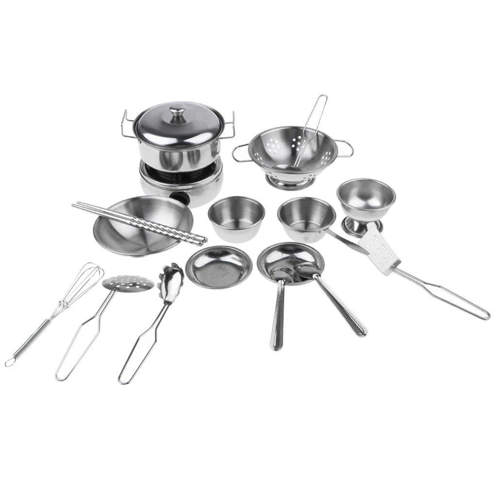 18 Pieces Simulation Silver Stainless Steel Cookware Pan Bowl Chopsticks Dish Plate Stove Children Real Cooking Toy Role Play