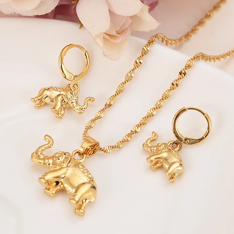 

Africa 24k Gold cute Elephant Necklace earrings Trendy women Men Jewelry Charm Pendant Chain Animal Lucky Jewelry sets Gift
