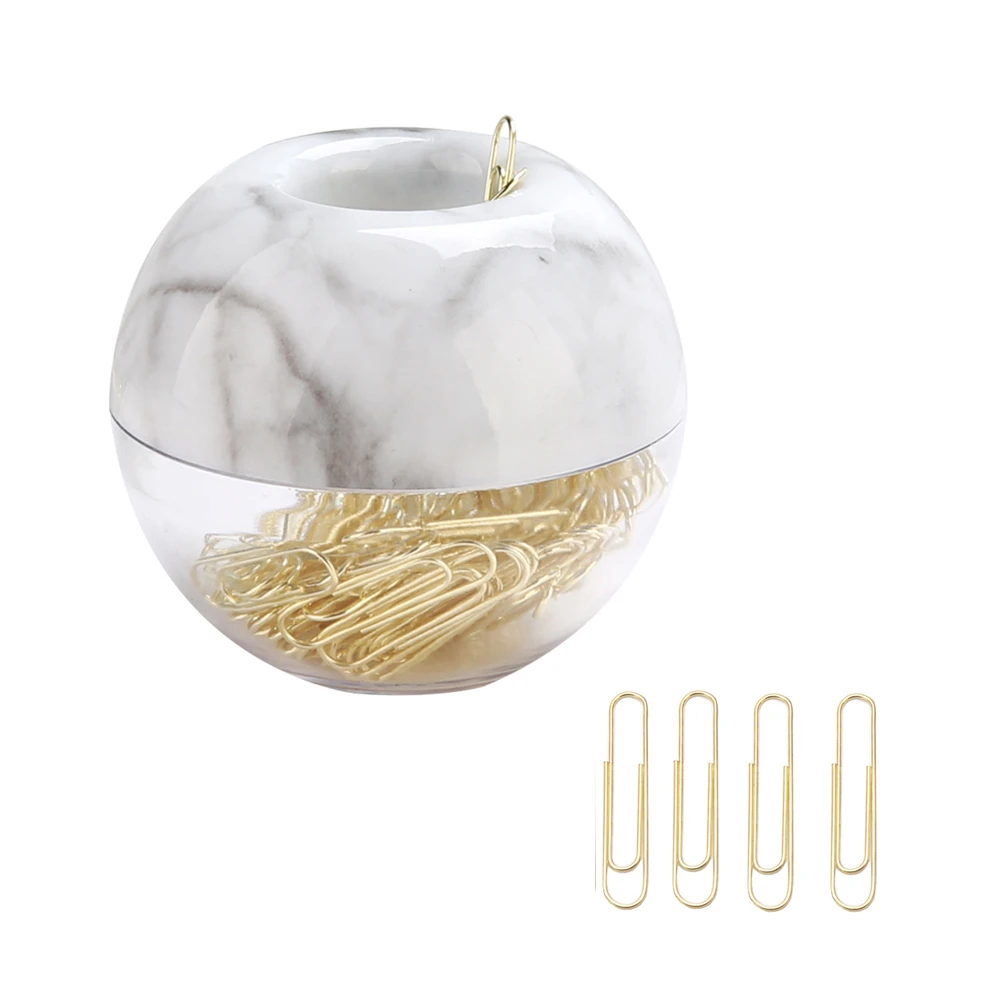 

Gold Paper Clips in White Marble Print Round Paper Clip Dispenser Holder with Magnetic Lid for Office School Supplies