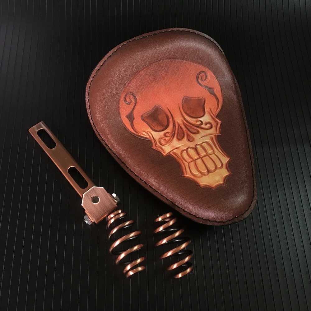 

Motorcycle Retro Brown Torsion Leather Skull Logo Solo Seat+3" Spring Bracket Mounting Base Kit For Harley Bobber Saddle Seat