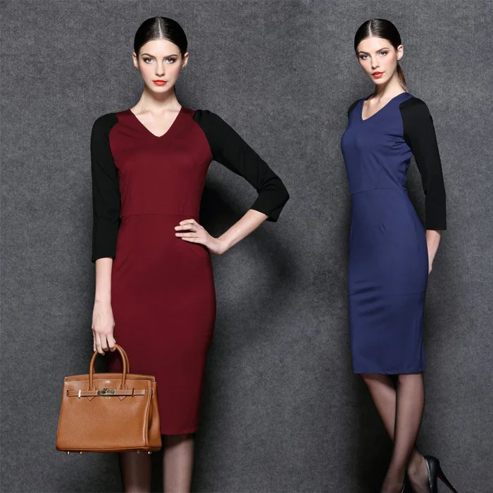 HOT Sales Fashion Women's Slim bodycon Business Pencil Dresses Big Size XL-XXL Color Block Patchwork Ladies Knee-Length Clothes | Женская